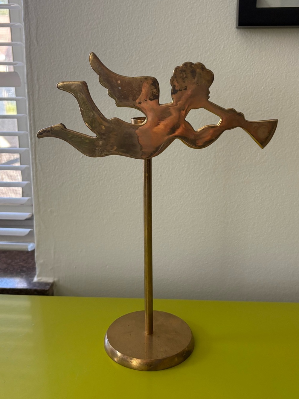 Vintage Brass Cherub or Flying Angel Candle Holder Candlestick